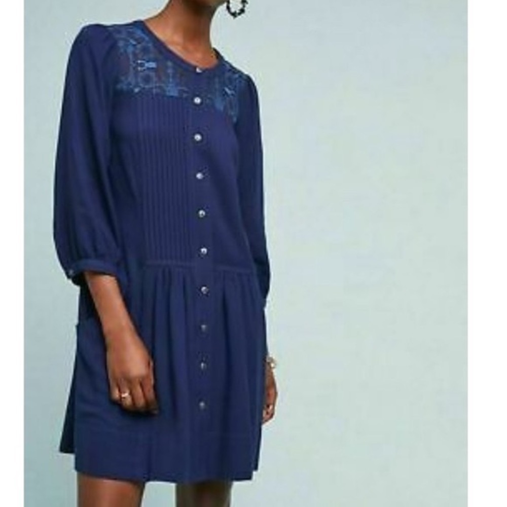 Anthropologie Dubois Navy Blue Embroidery Bohemian Tunic Shirt Dress